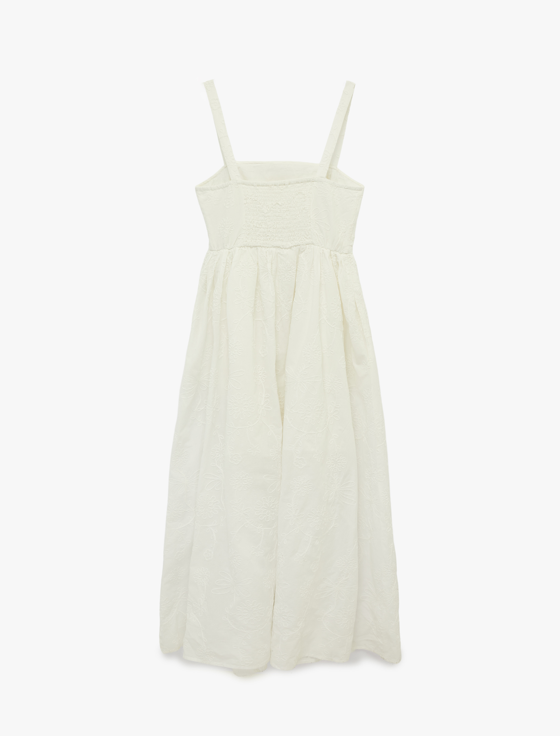   Pamuklu Floral Dokulu Midi Boy Nakışlı Brodeli Askılı Elbise