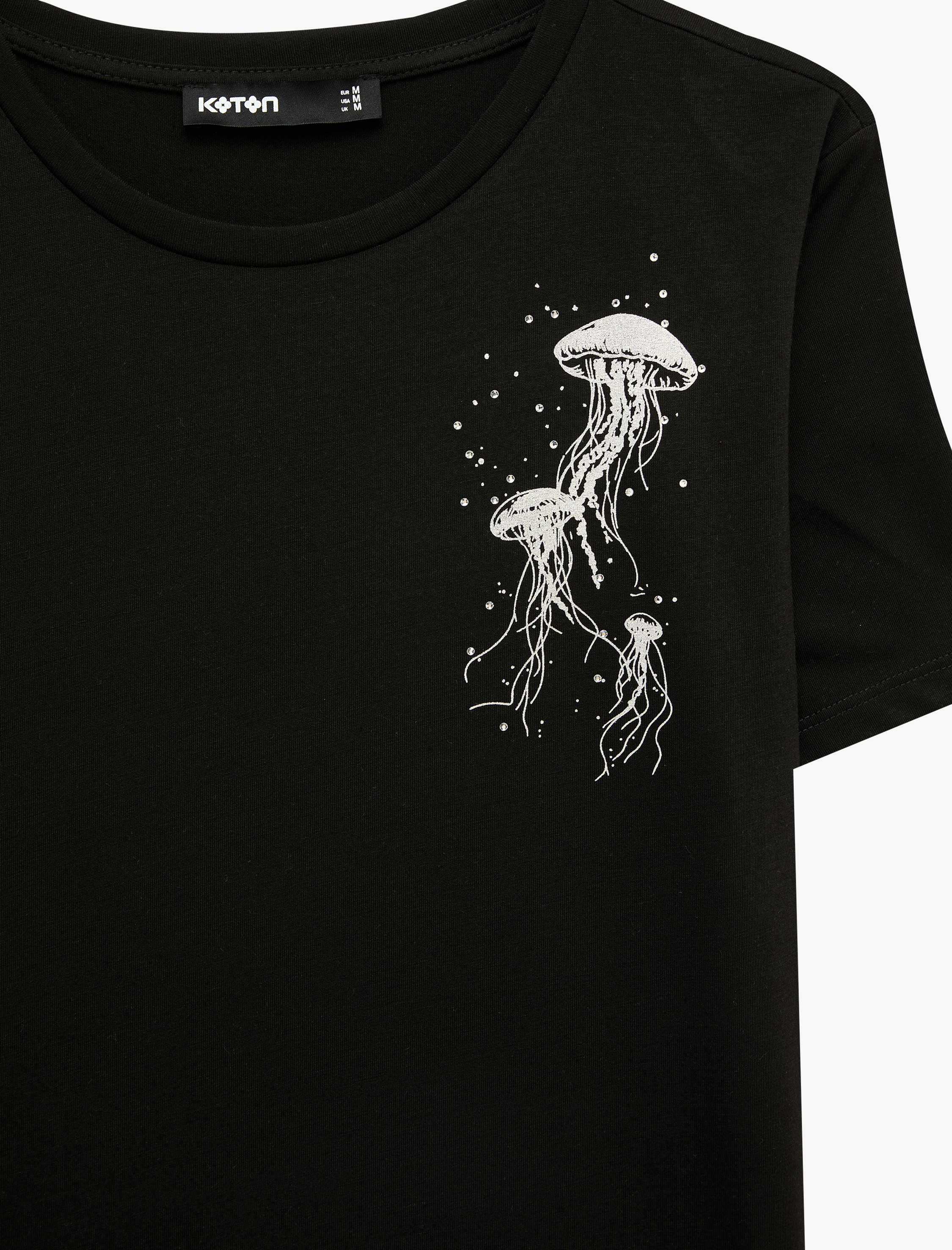   Kısa Kollu Bisiklet Yaka Taşlı Deniz Anası Grafik Baskılı Tişört