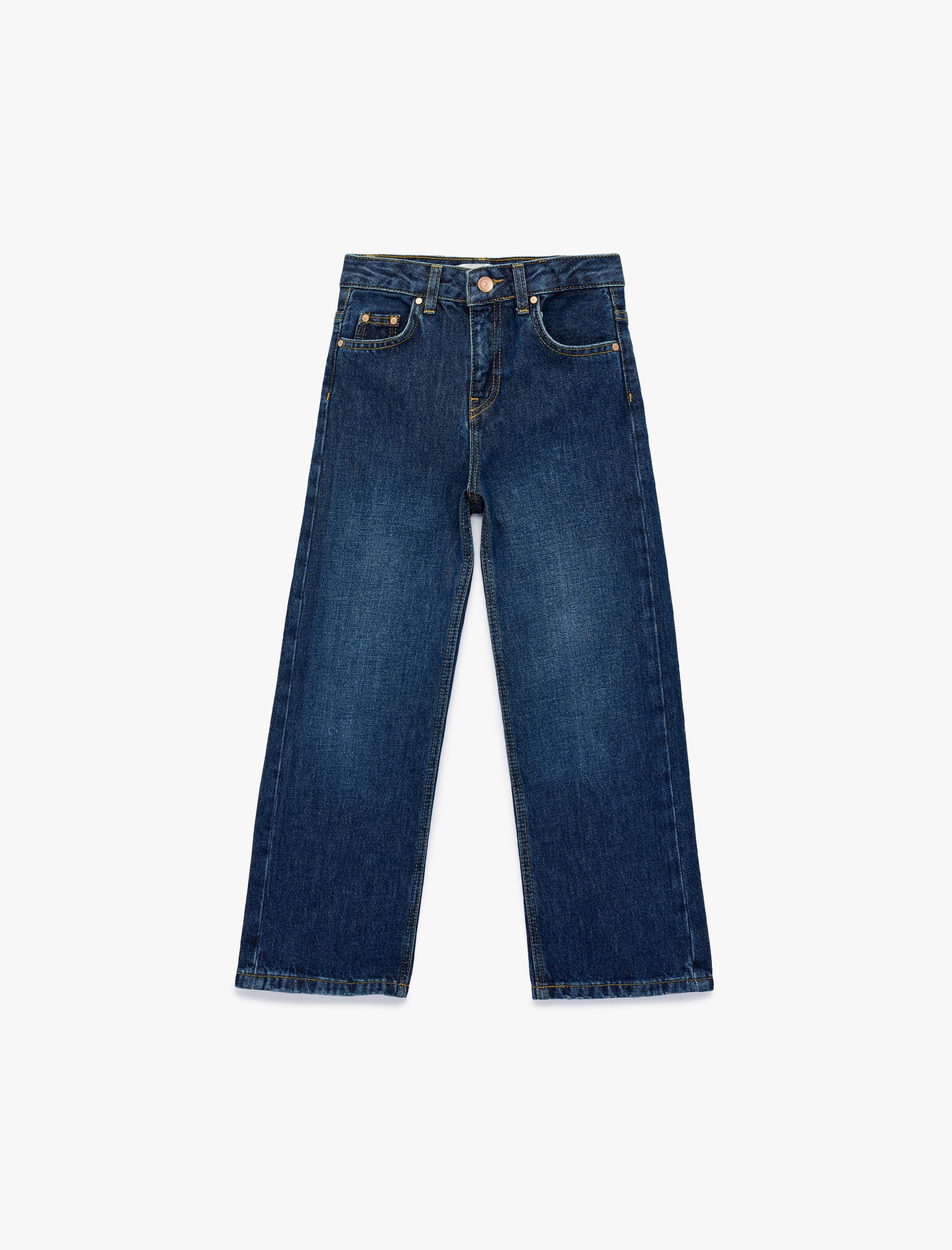  Kız Çocuk Pamuklu Cepli Geniş Paça Denim Pantolon