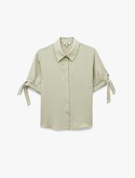 Aerobin Kumaş Bağlama Detaylı Kısa Balon Kollu Saten Gömlek