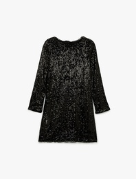 Pullu Payetli Uzun Kollu Bisiklet Yaka Mini Elbise