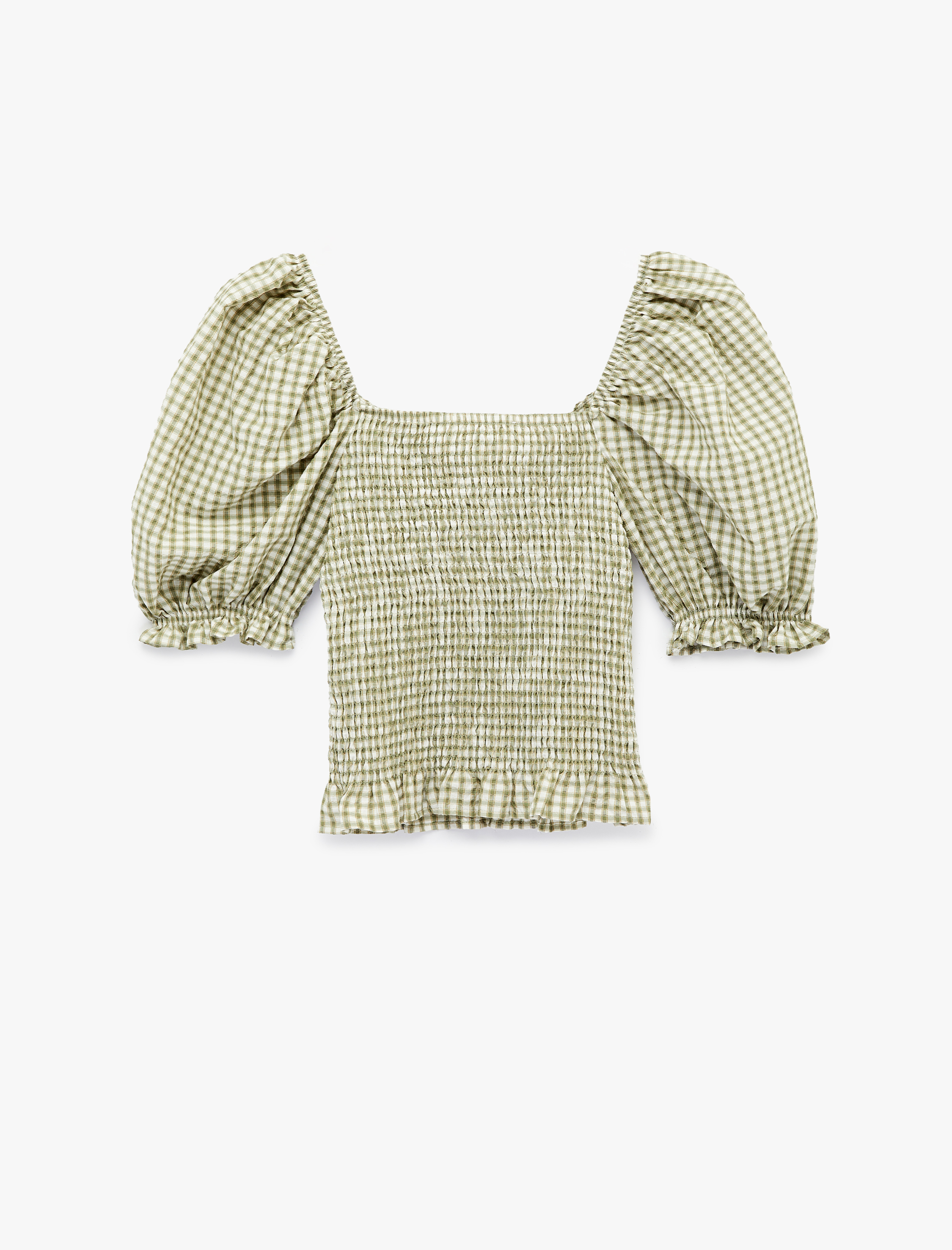   Gipeli Balon Kol V Yaka Dantelli Ekoseli Crop Bluz