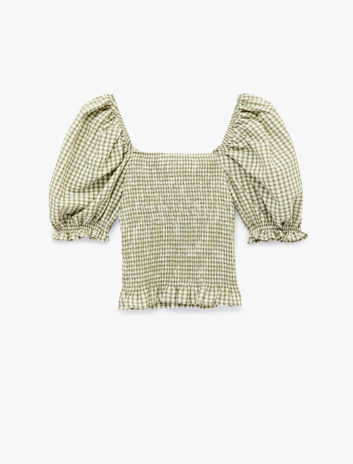  Gipeli Balon Kol V Yaka Dantelli Ekoseli Crop Bluz