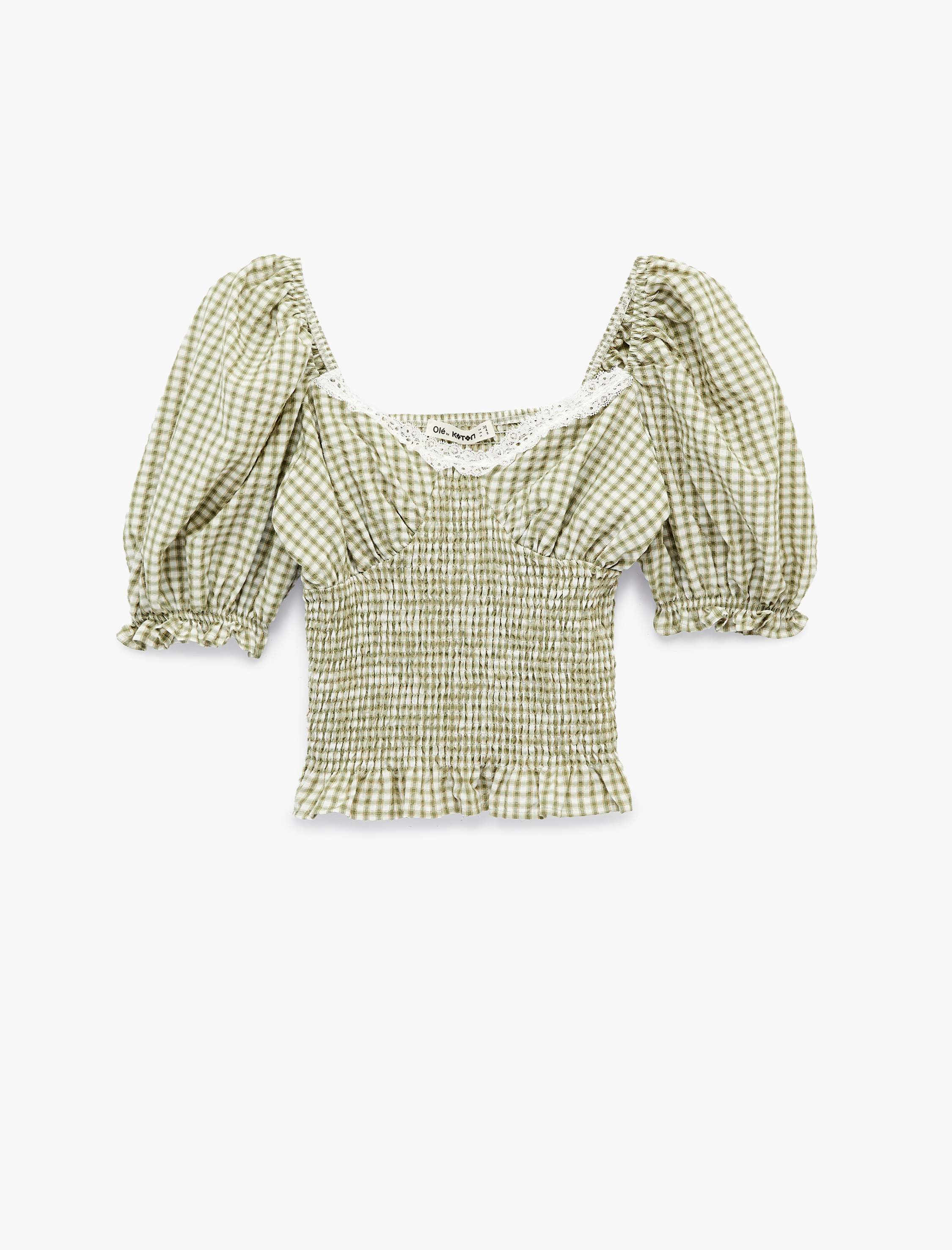   Gipeli Balon Kol V Yaka Dantelli Ekoseli Crop Bluz