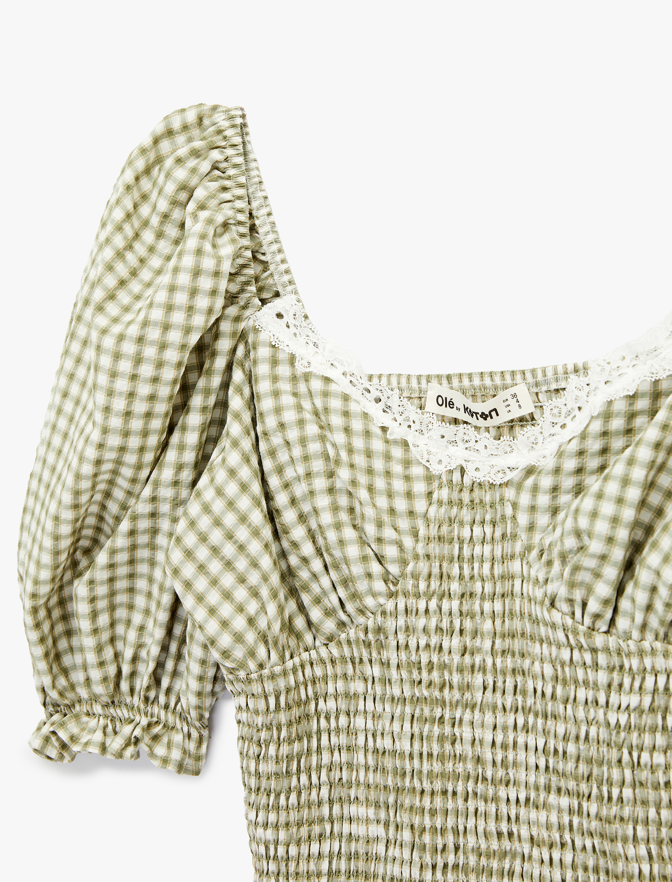   Gipeli Balon Kol V Yaka Dantelli Ekoseli Crop Bluz