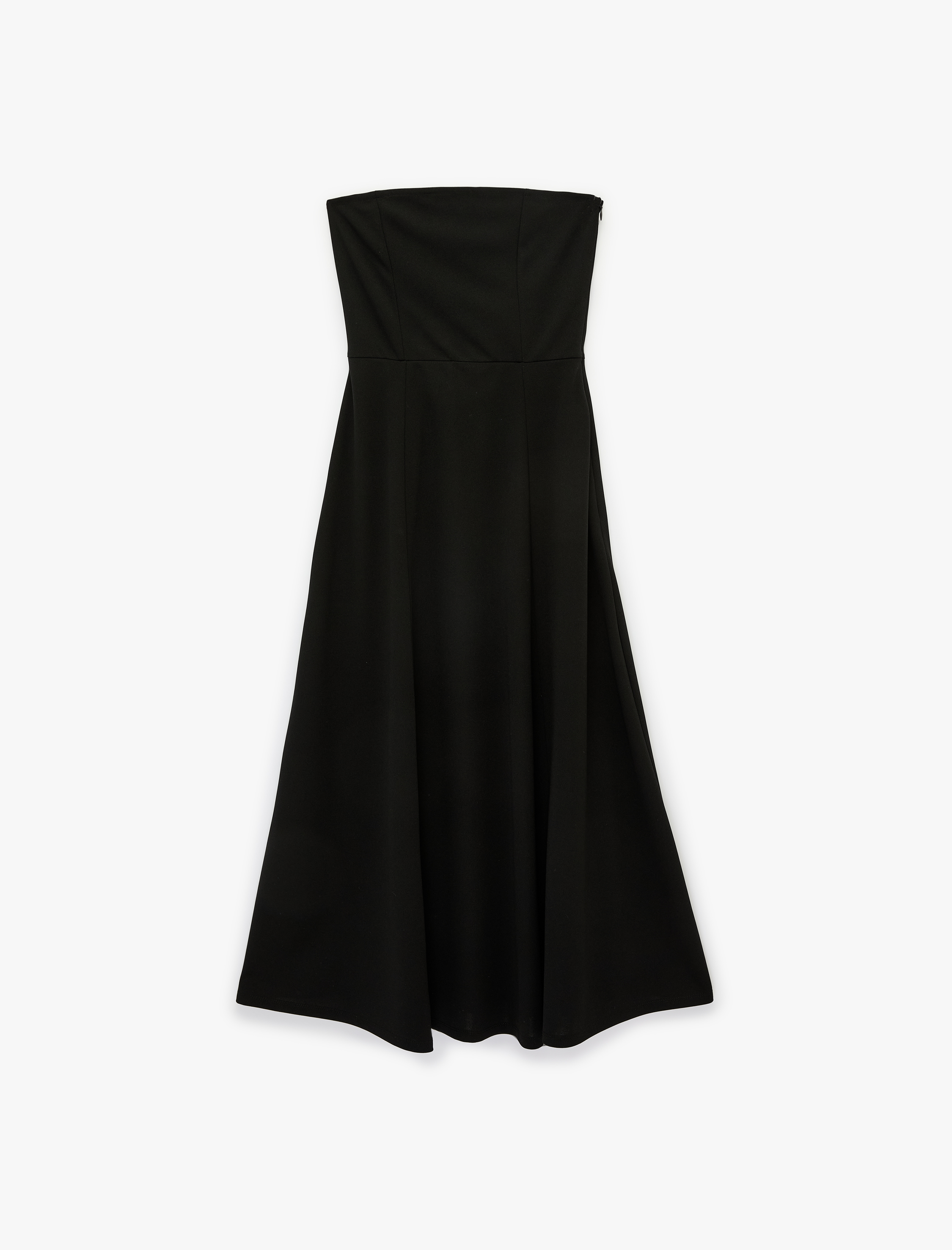   Krep Scuba Kumaş Midi Boy Straplez Kloş Elbise