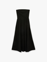 Krep Scuba Kumaş Midi Boy Straplez Kloş Elbise