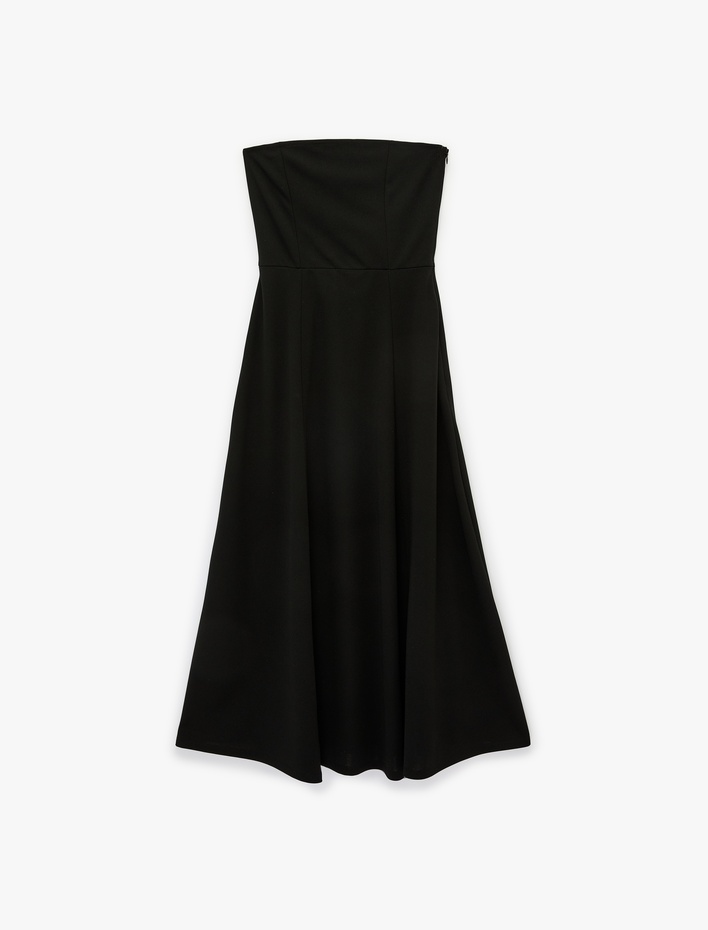  Krep Scuba Kumaş Midi Boy Straplez Kloş Elbise