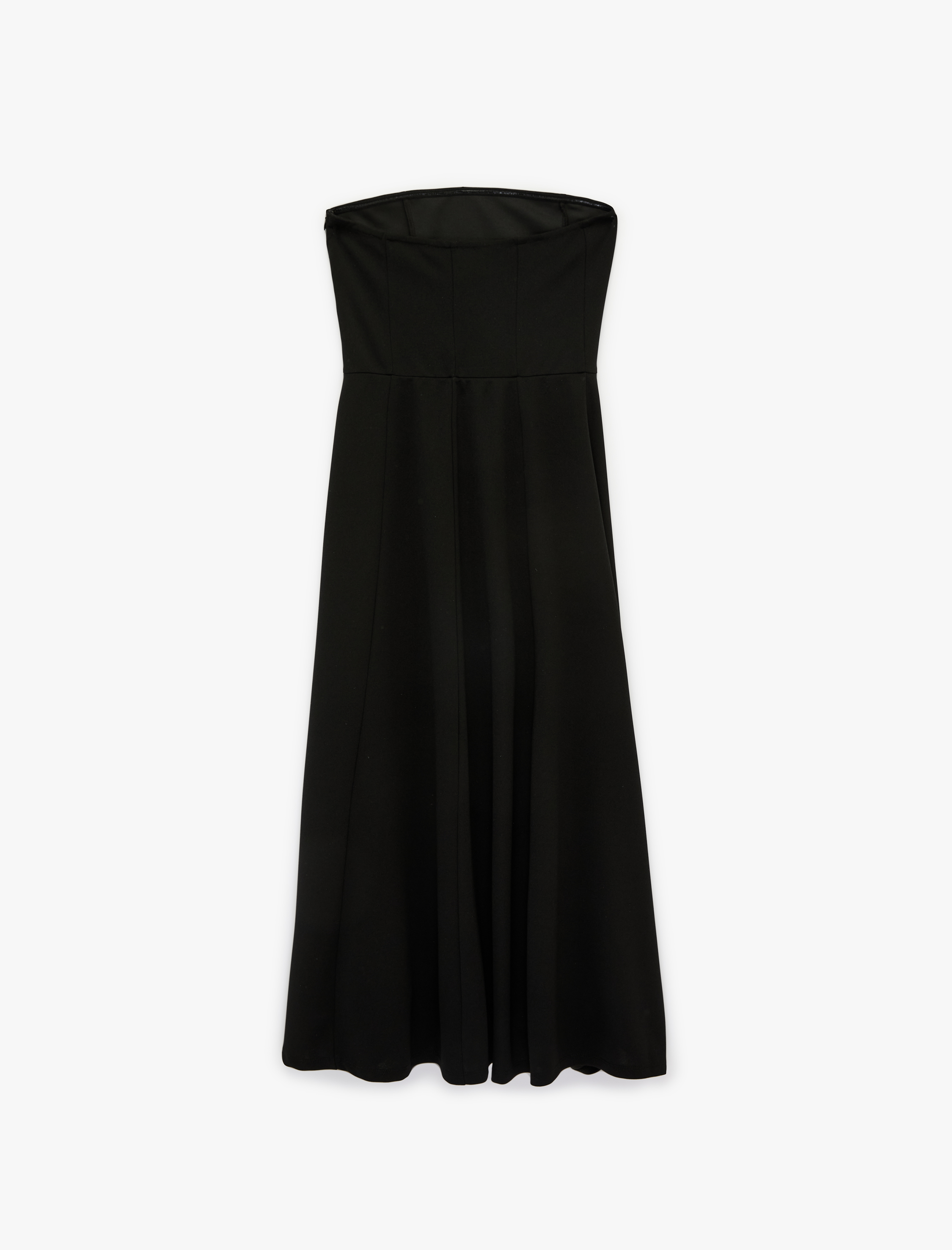   Krep Scuba Kumaş Midi Boy Straplez Kloş Elbise