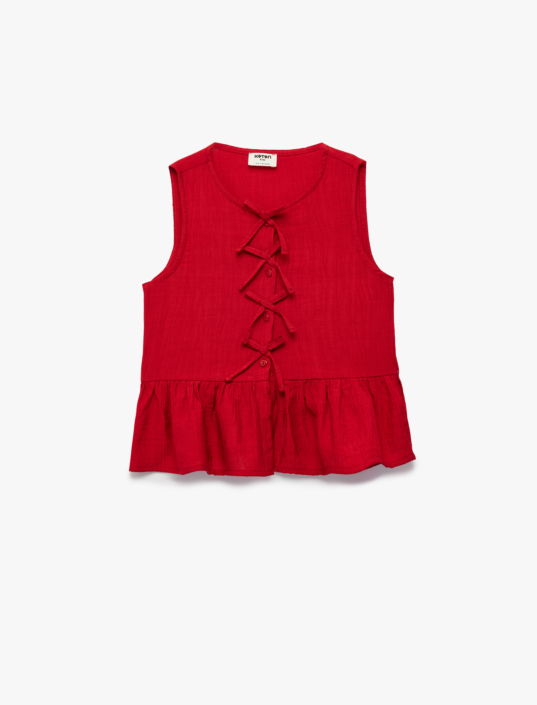  Kız Çocuk Bisiklet Yaka Bol Kalıp Düğmeli Fırfırlı Fiyonklu Viskon Kolsuz Bluz