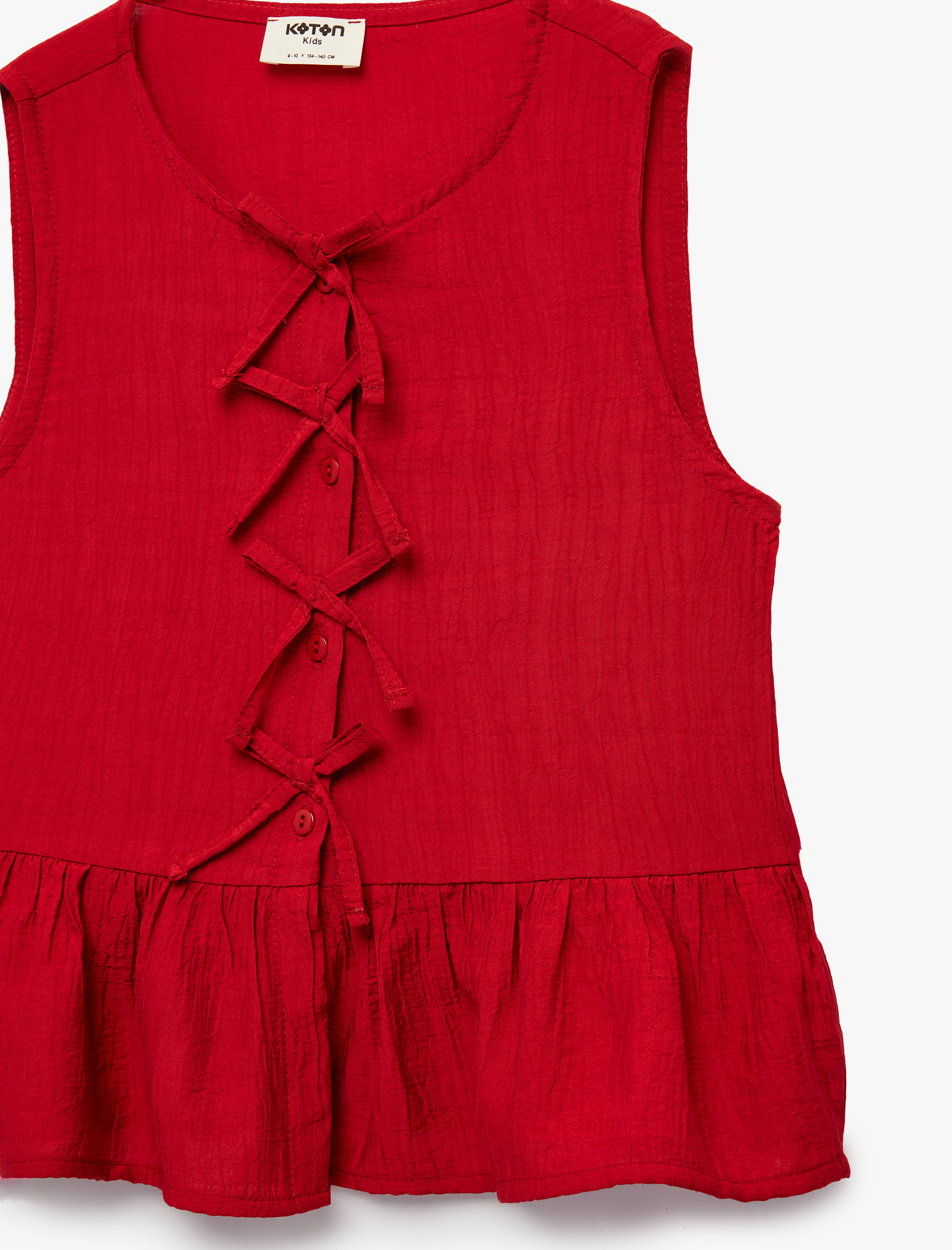  Kız Çocuk Bisiklet Yaka Bol Kalıp Düğmeli Fırfırlı Fiyonklu Viskon Kolsuz Bluz