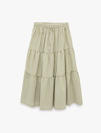 Katlı Volanlı Beli Bağcıklı Ekoseli Uzun Etek