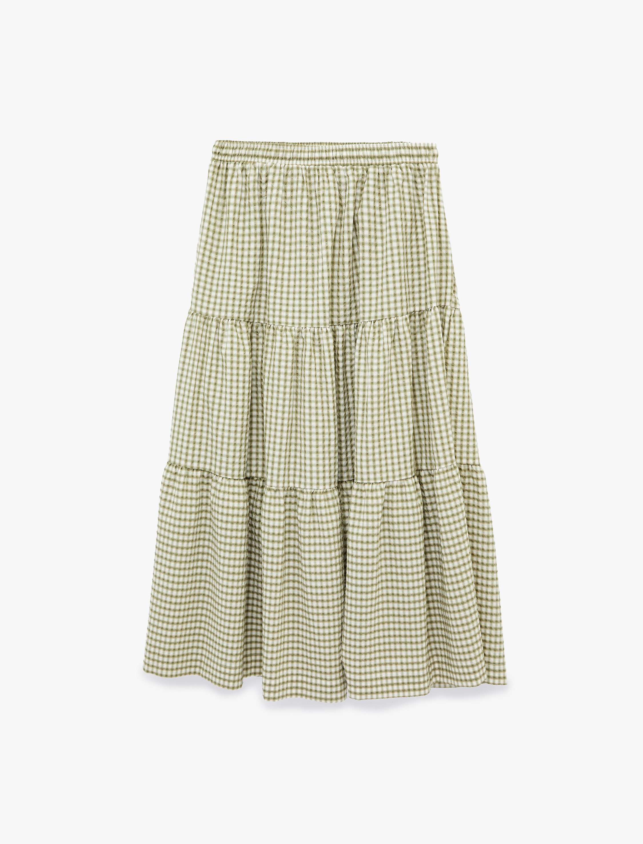   Katlı Volanlı Beli Bağcıklı Ekoseli Uzun Etek