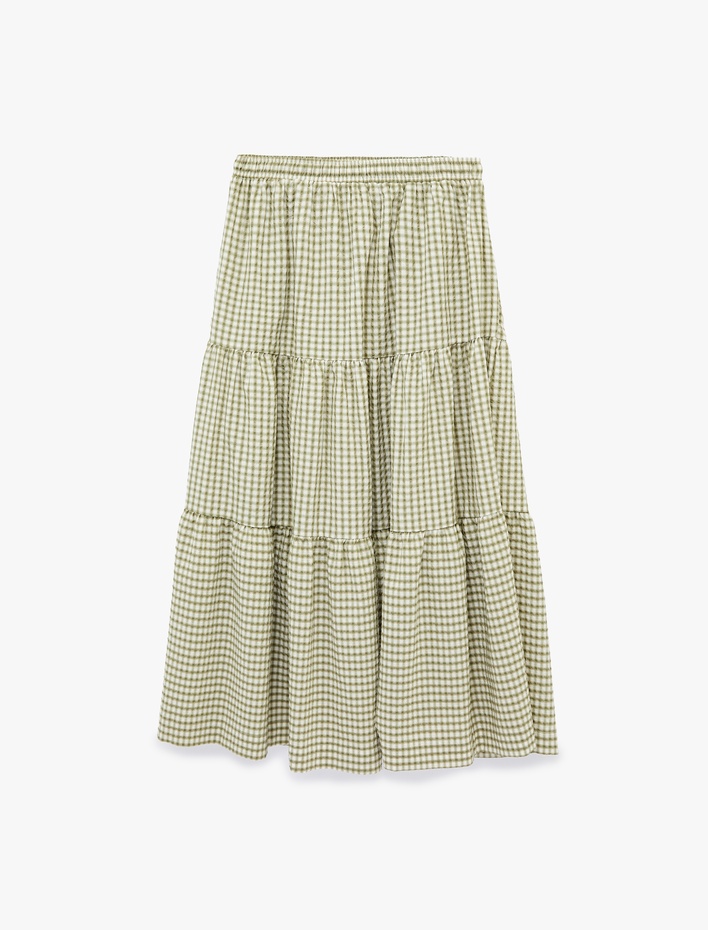  Katlı Volanlı Beli Bağcıklı Ekoseli Uzun Etek