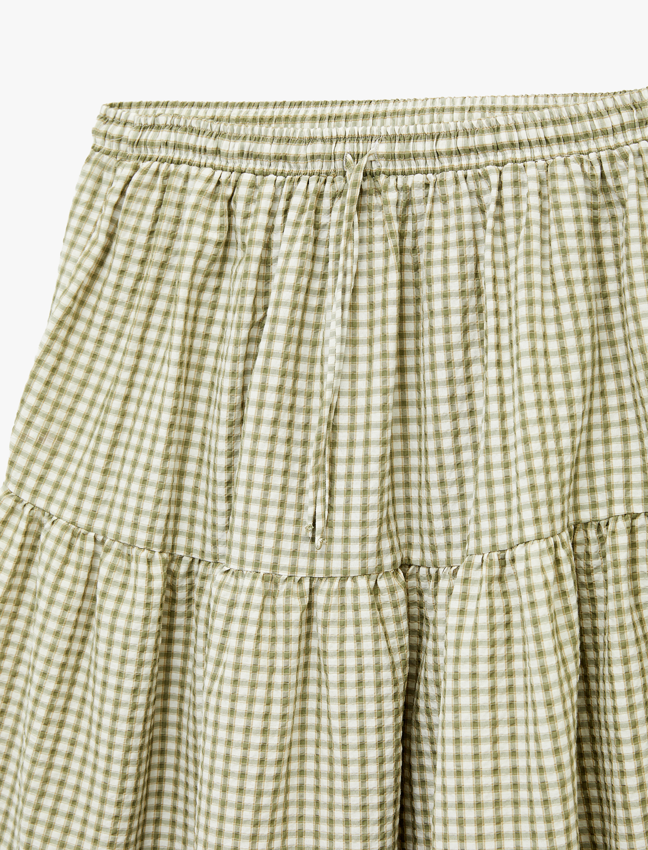   Katlı Volanlı Beli Bağcıklı Ekoseli Uzun Etek