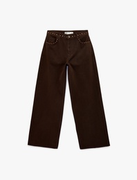 Normal Bel Pamuklu Troklu Cepli Düğmeli Bol Paça Pantolon - Loose Straight Fit Jeans