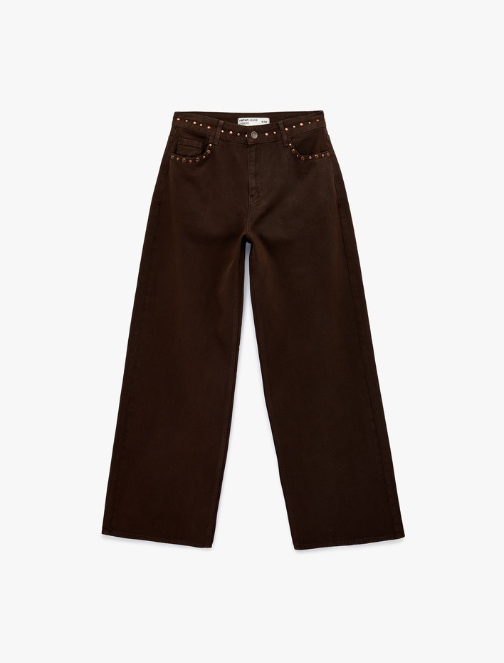  Normal Bel Pamuklu Troklu Cepli Düğmeli Bol Paça Pantolon - Loose Straight Fit Jeans