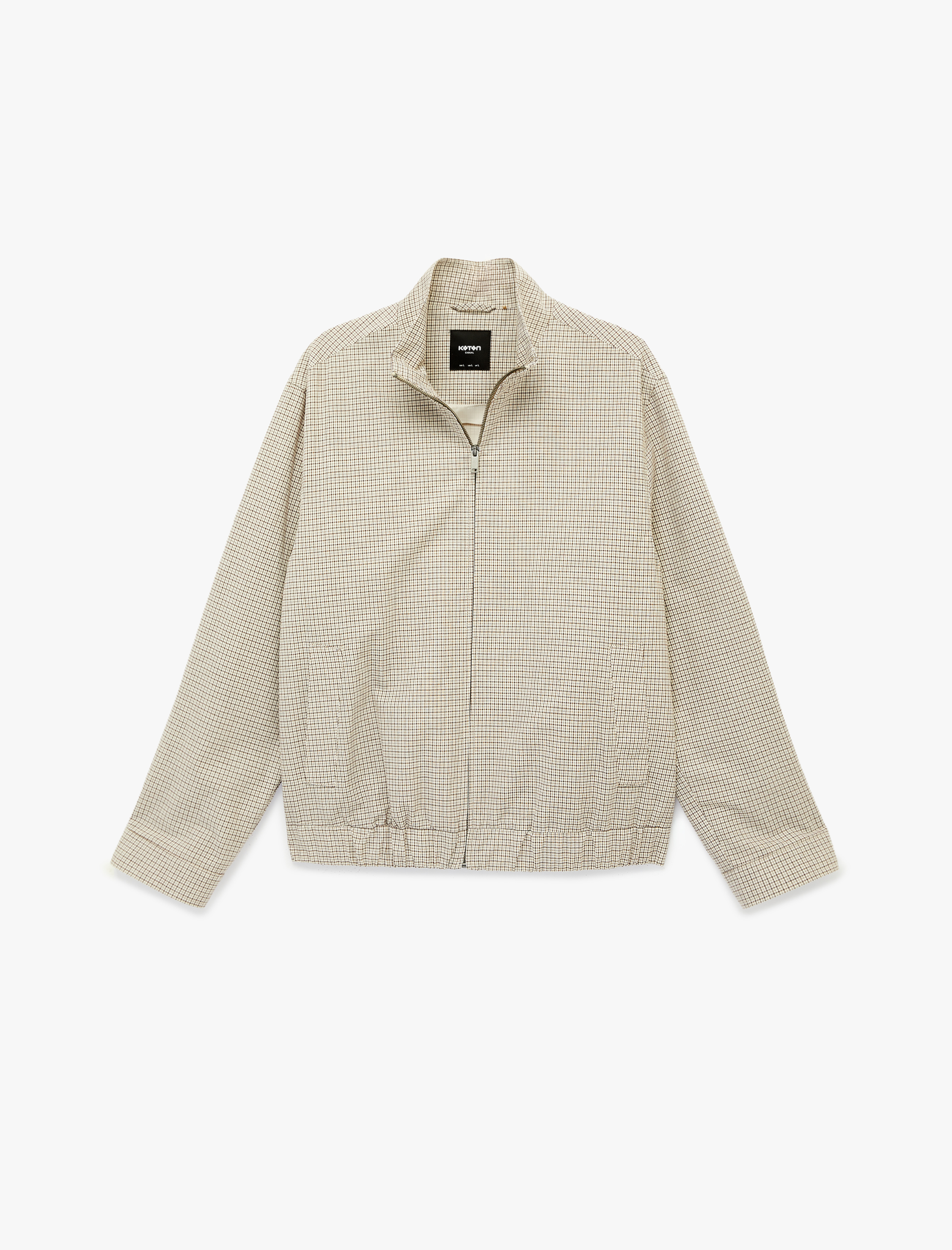   Uzun Kollu Cepli Pamuklu Dik Yaka Kareli Fermuarlı Ceket