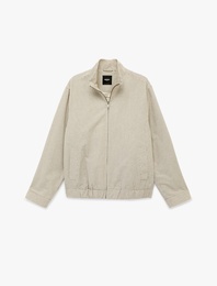 Uzun Kollu Cepli Pamuklu Dik Yaka Kareli Fermuarlı Ceket