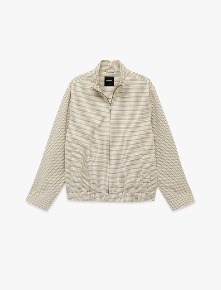  Uzun Kollu Cepli Pamuklu Dik Yaka Kareli Fermuarlı Ceket