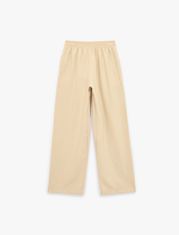  Modal Kumaş Beli Lastikli Cepli Düz Geniş Paça Pantolon