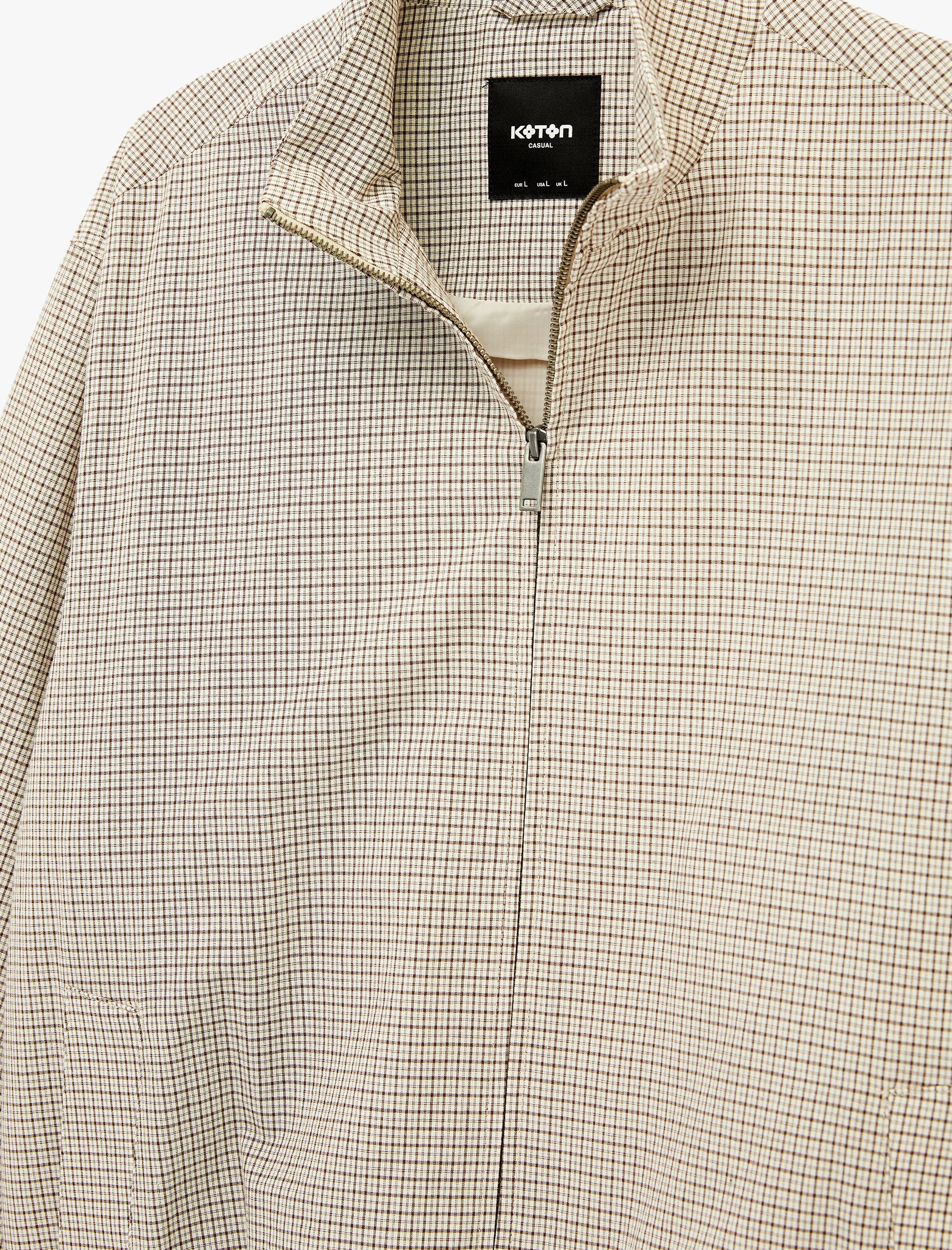   Uzun Kollu Cepli Pamuklu Dik Yaka Kareli Fermuarlı Ceket