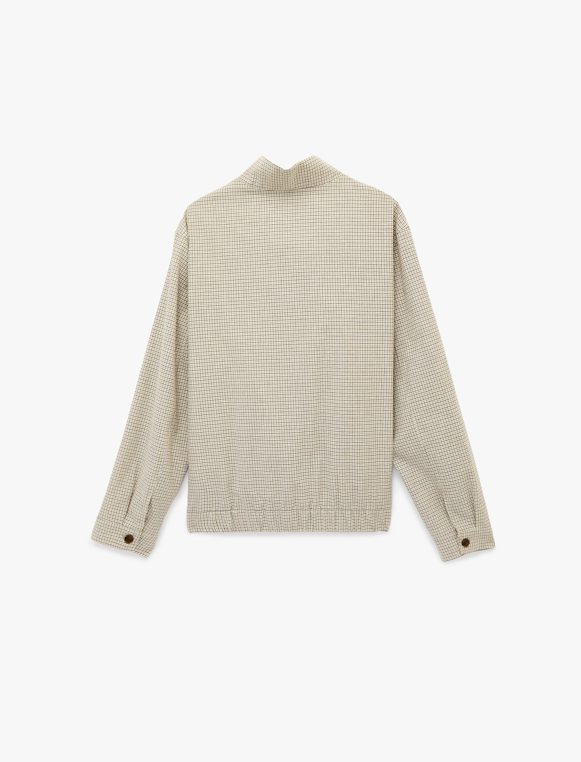   Uzun Kollu Cepli Pamuklu Dik Yaka Kareli Fermuarlı Ceket