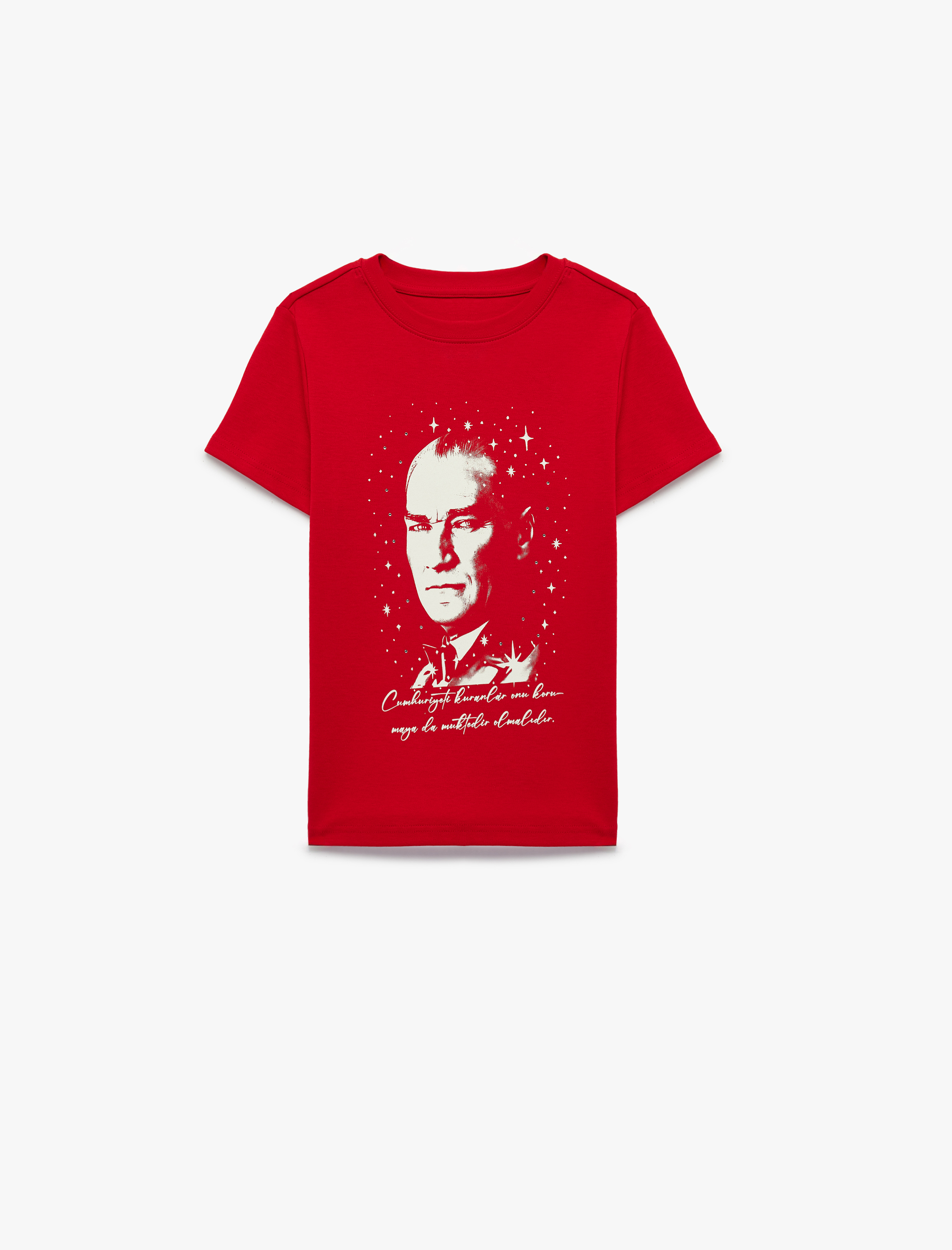  Kız Çocuk Pamuklu Bisiklet Yaka Kısa Kollu Parıltılı Taş Detaylı Atatürk Baskılı Tişört