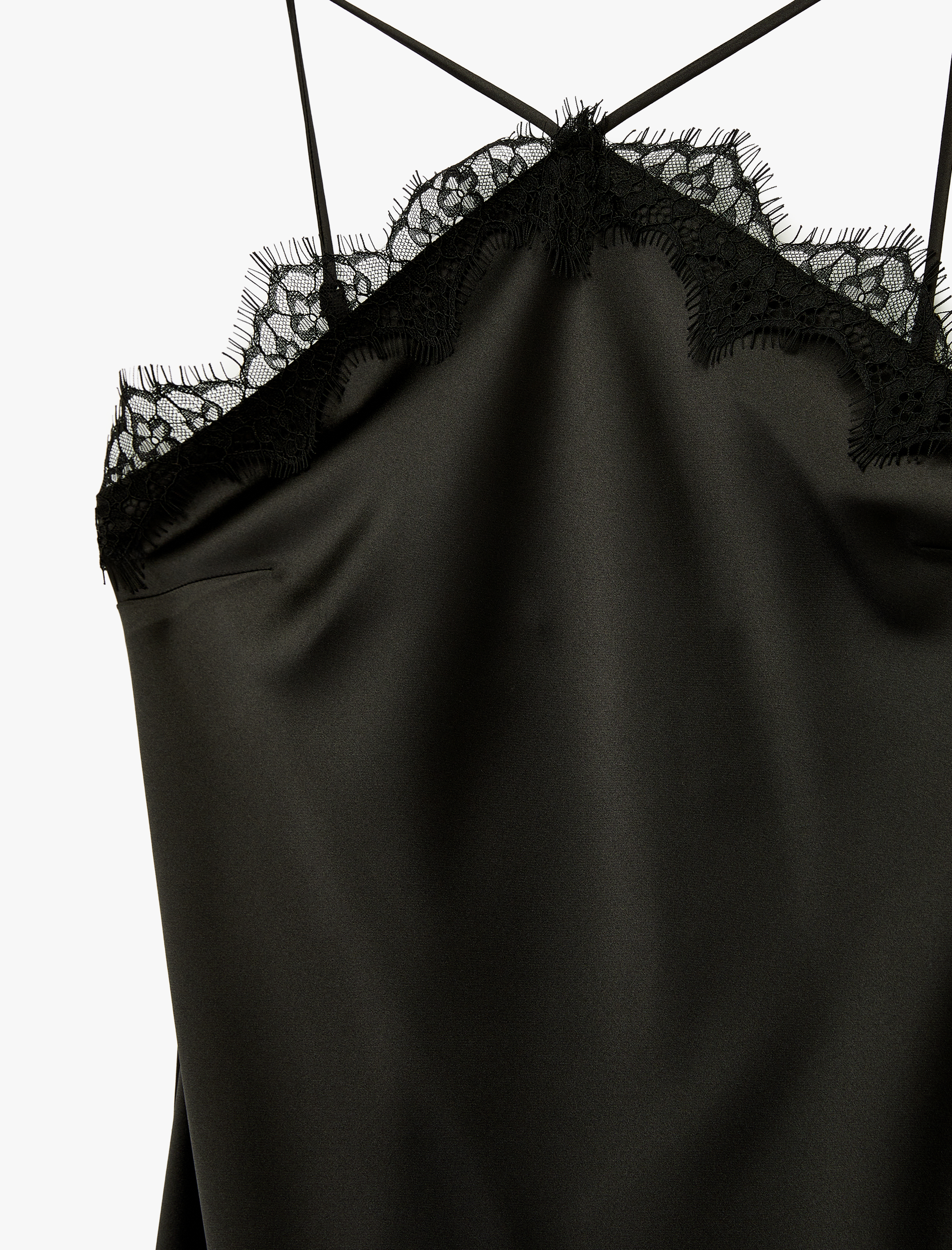   Asimetrik Kesim Kolsuz Halter Yaka Dantel Detaylı Midi Saten Elbise