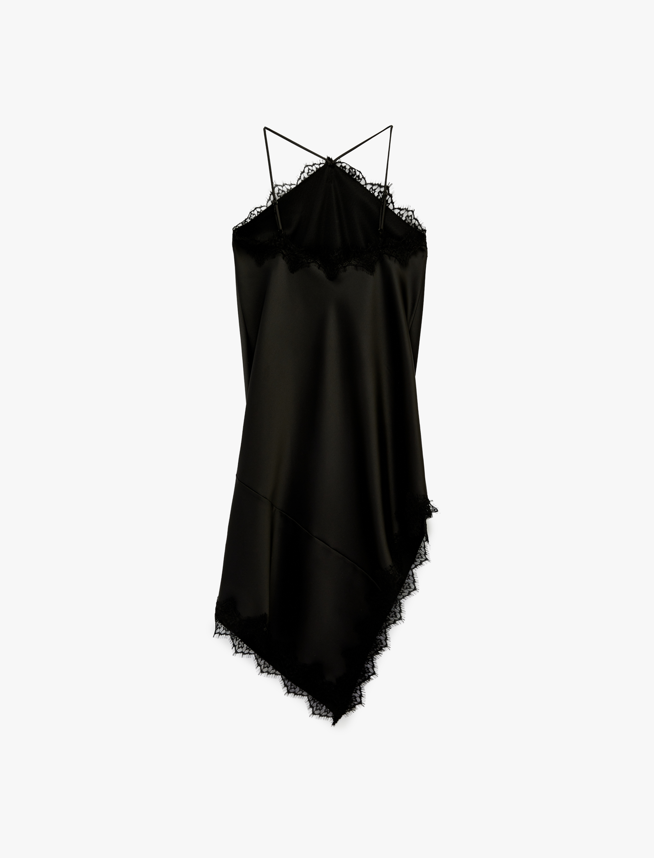   Asimetrik Kesim Kolsuz Halter Yaka Dantel Detaylı Midi Saten Elbise