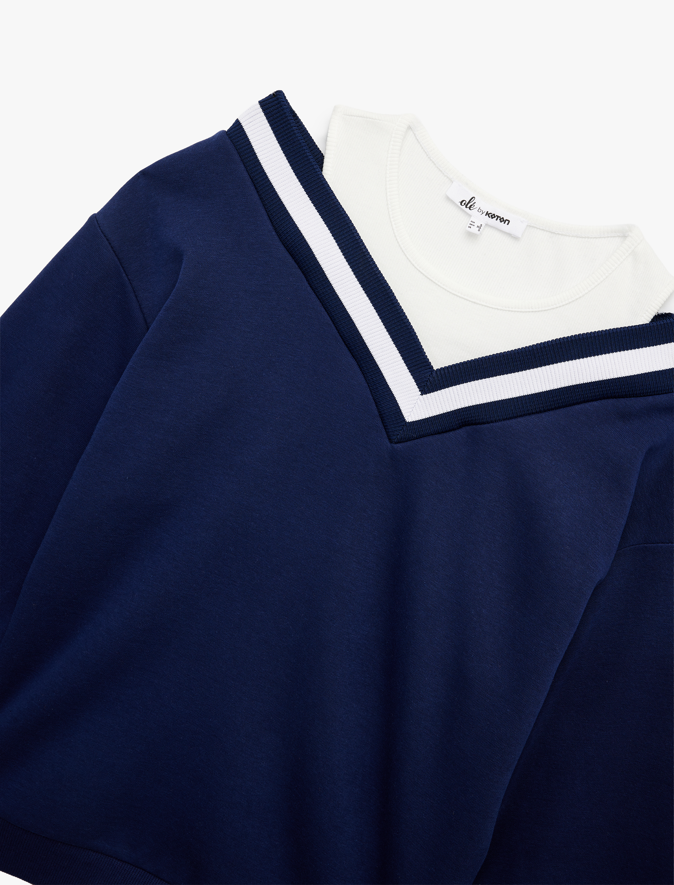   Şardonlu Atletli Çizgili Uzun Balon Kollu V Yaka Oversize Sweatshirt