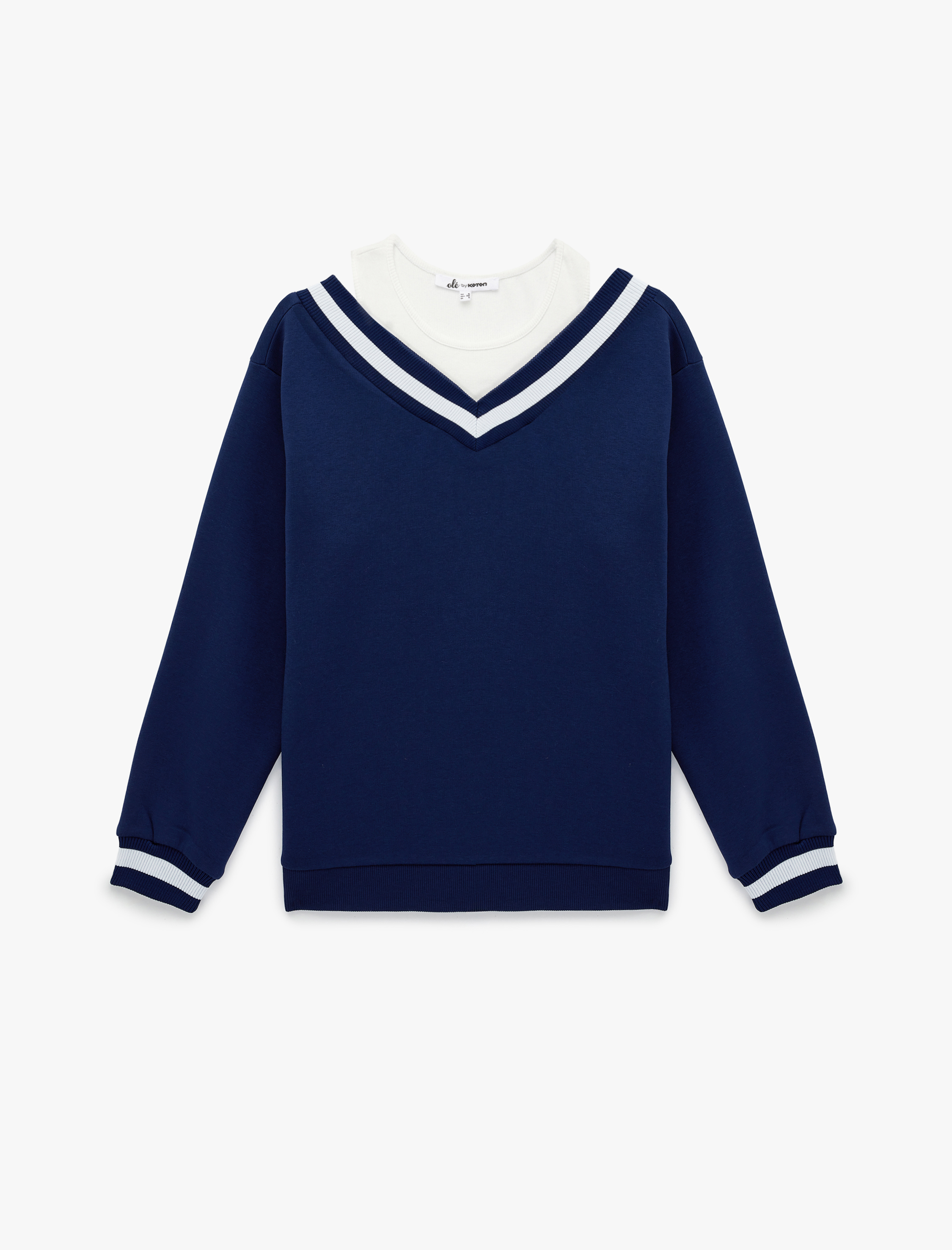   Şardonlu Atletli Çizgili Uzun Balon Kollu V Yaka Oversize Sweatshirt