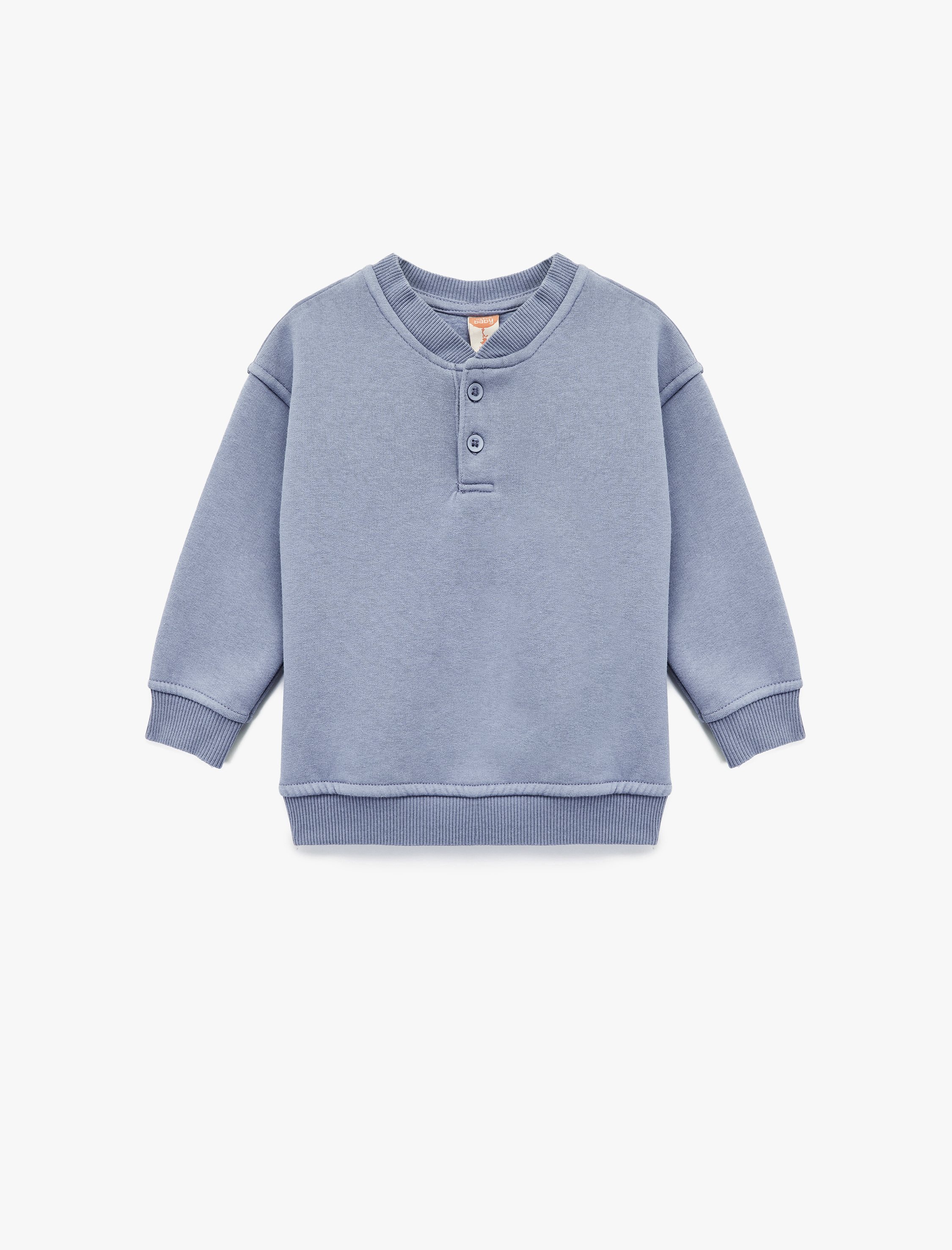  Erkek Bebek Düğme Detaylı Uzun Kollu Bisiklet Yaka Basic Şardonlu Sweatshirt