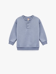 Düğme Detaylı Uzun Kollu Bisiklet Yaka Basic Şardonlu Sweatshirt
