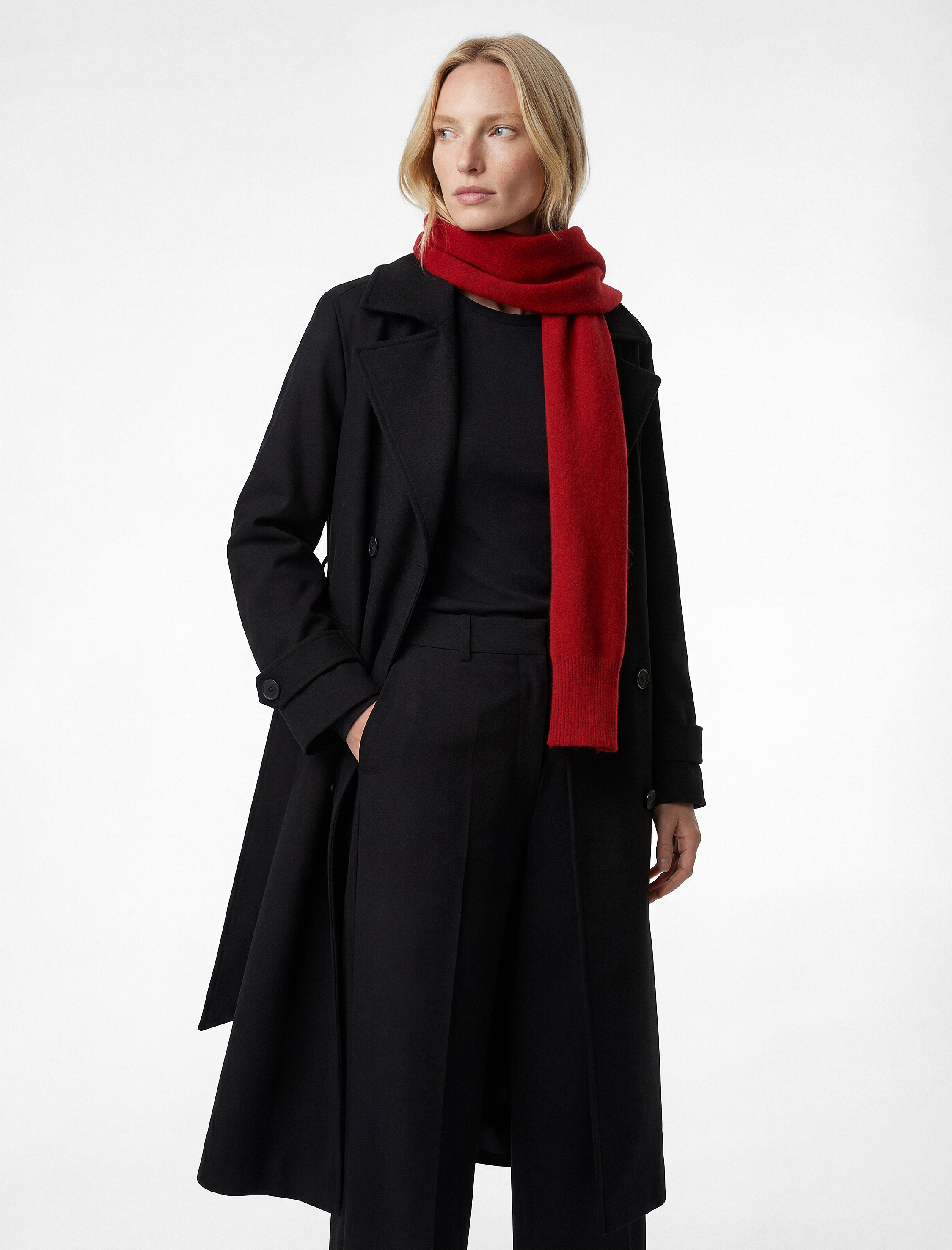   Uzun Kollu Düğmeli Cepli Kruvaze Kemerli Gabardin Trençkot