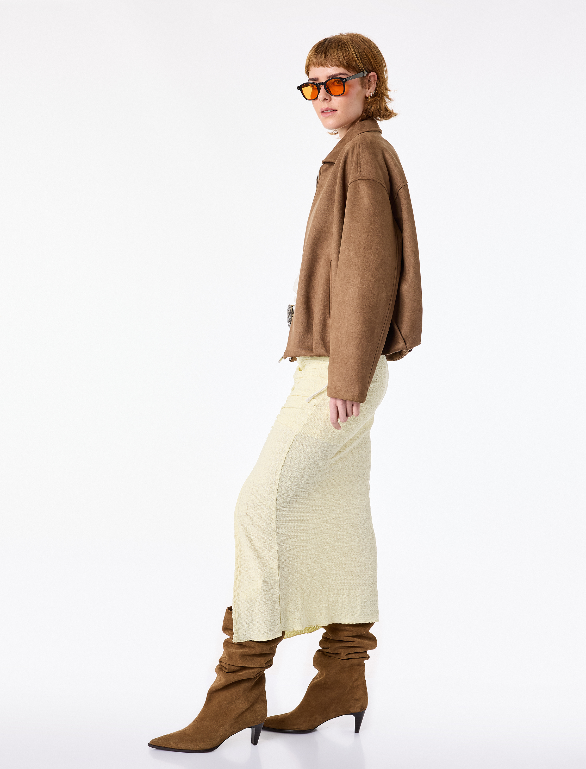   Slim Fit Bürümcük Kumaş Drape Detaylı Midi Boy Kalem Etek