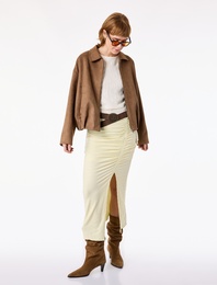 Slim Fit Bürümcük Kumaş Drape Detaylı Midi Boy Kalem Etek