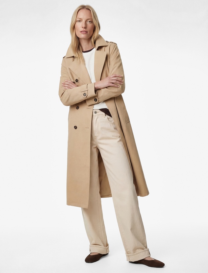  Uzun Kollu Düğmeli Cepli Kemerli Kruvaze Gabardin Trençkot