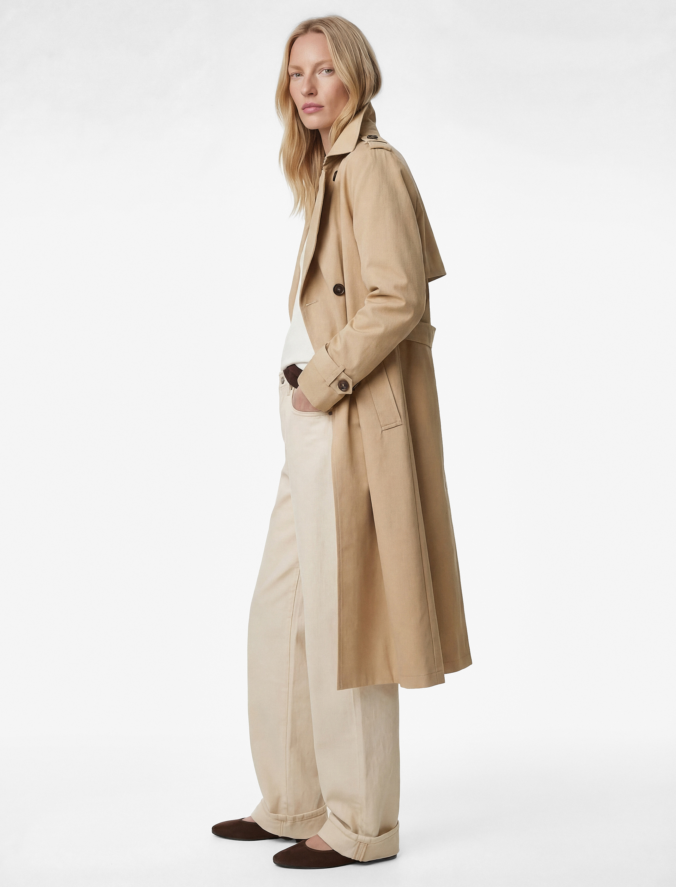   Uzun Kollu Düğmeli Cepli Kemerli Kruvaze Gabardin Trençkot