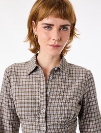 Slim Fit Uzun Kollu Klasik Yaka Ekoseli Crop Gömlek