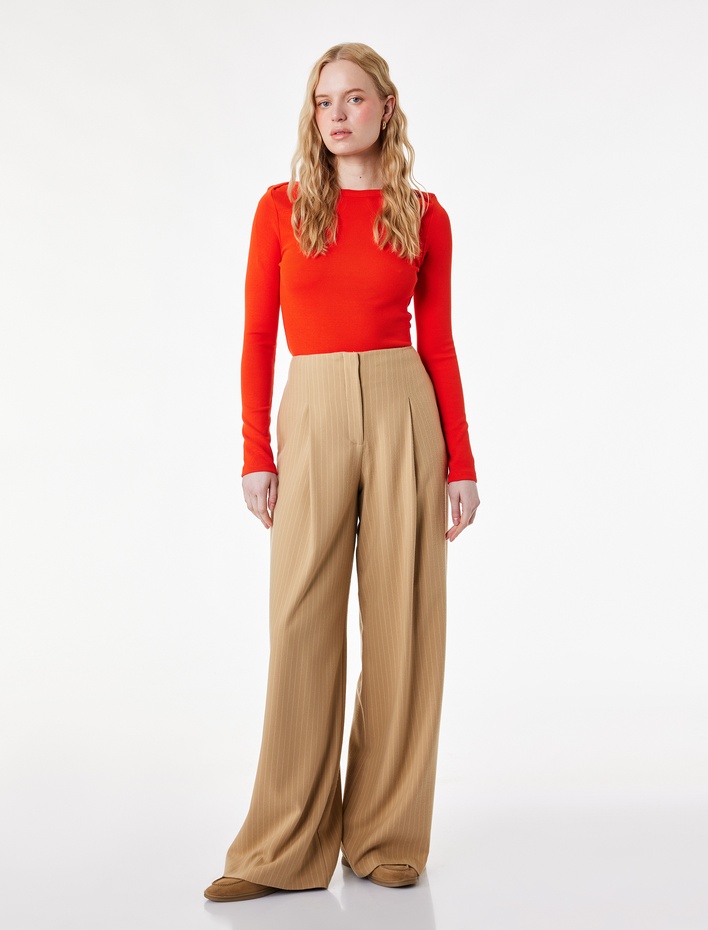  Pile Detaylı Geniş Paça Kumaş Pantolon