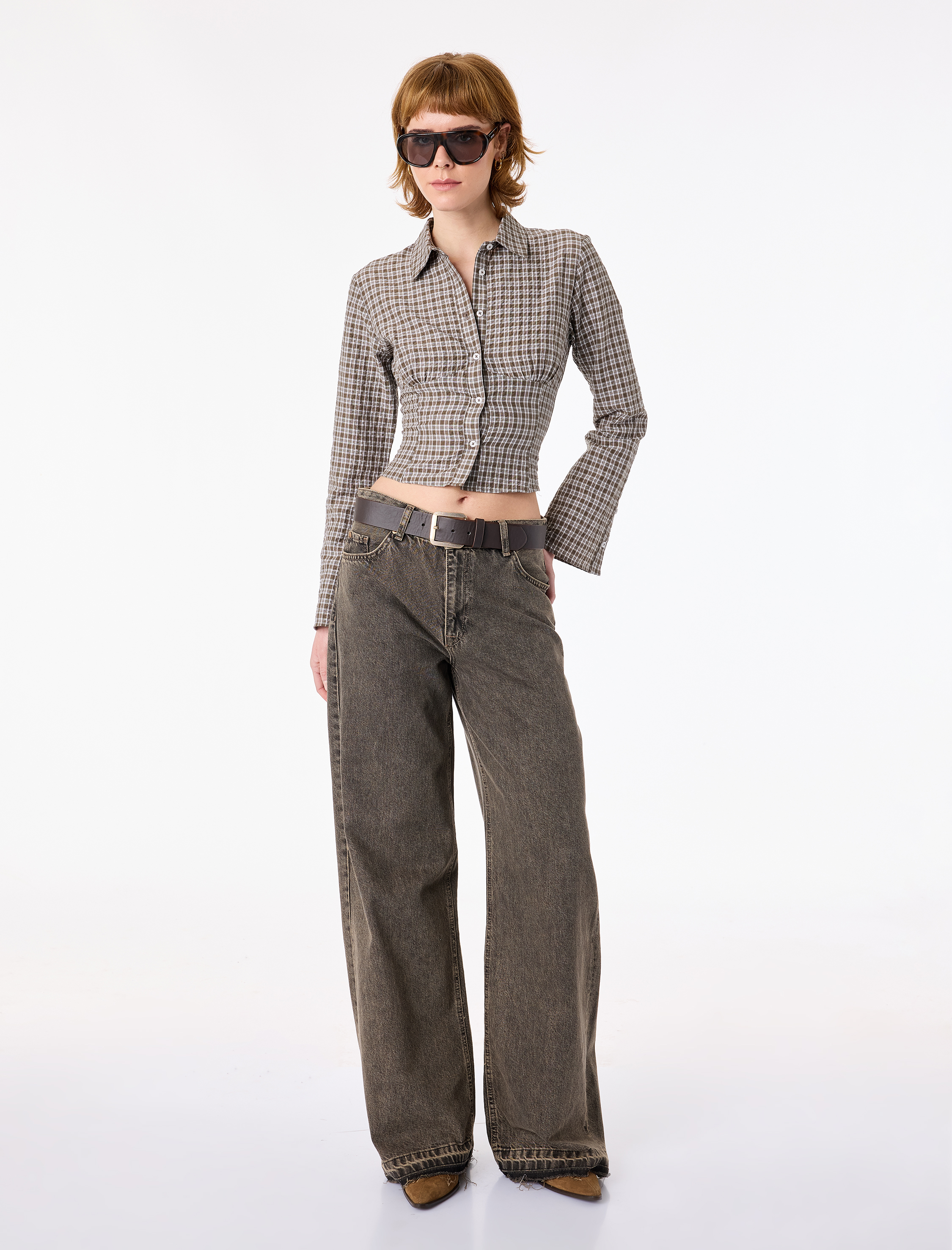   Slim Fit Uzun Kollu Klasik Yaka Ekoseli Crop Gömlek