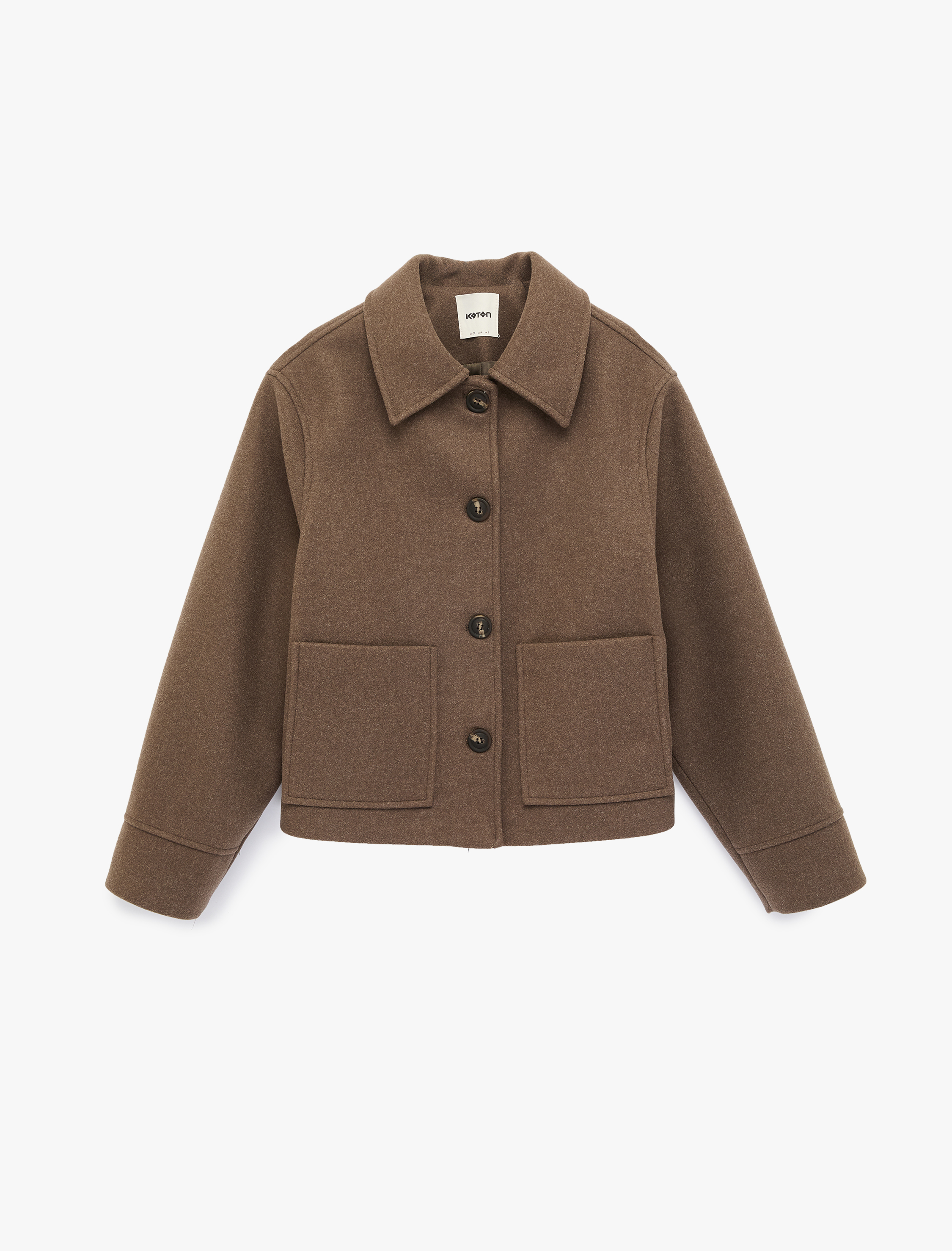   Uzun Kollu Cepli Düğmeli Crop Kaşe Ceket