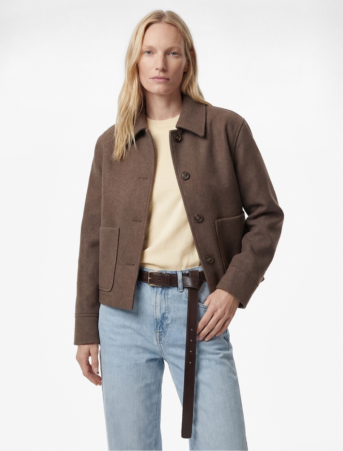  Uzun Kollu Cepli Düğmeli Crop Kaşe Ceket