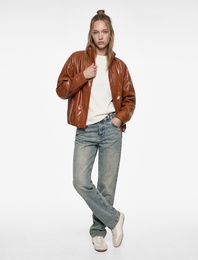 Dik Yaka Cep Detaylı Fermuarlı Suni Deri Ceket