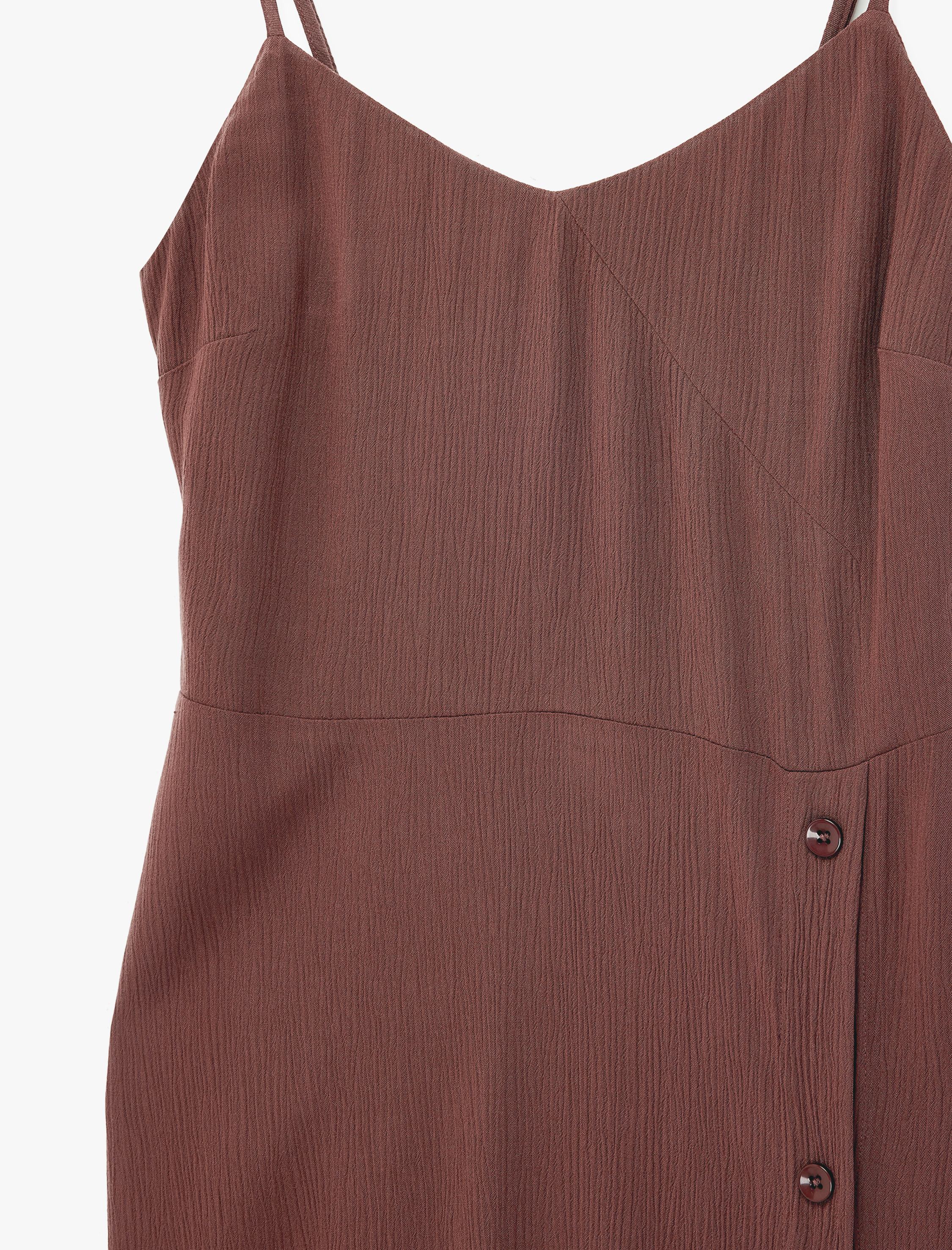   Viskon Crinkle Kumaş İp Askılı Düğme Detaylı V Yaka Kolsuz Midi Elbise