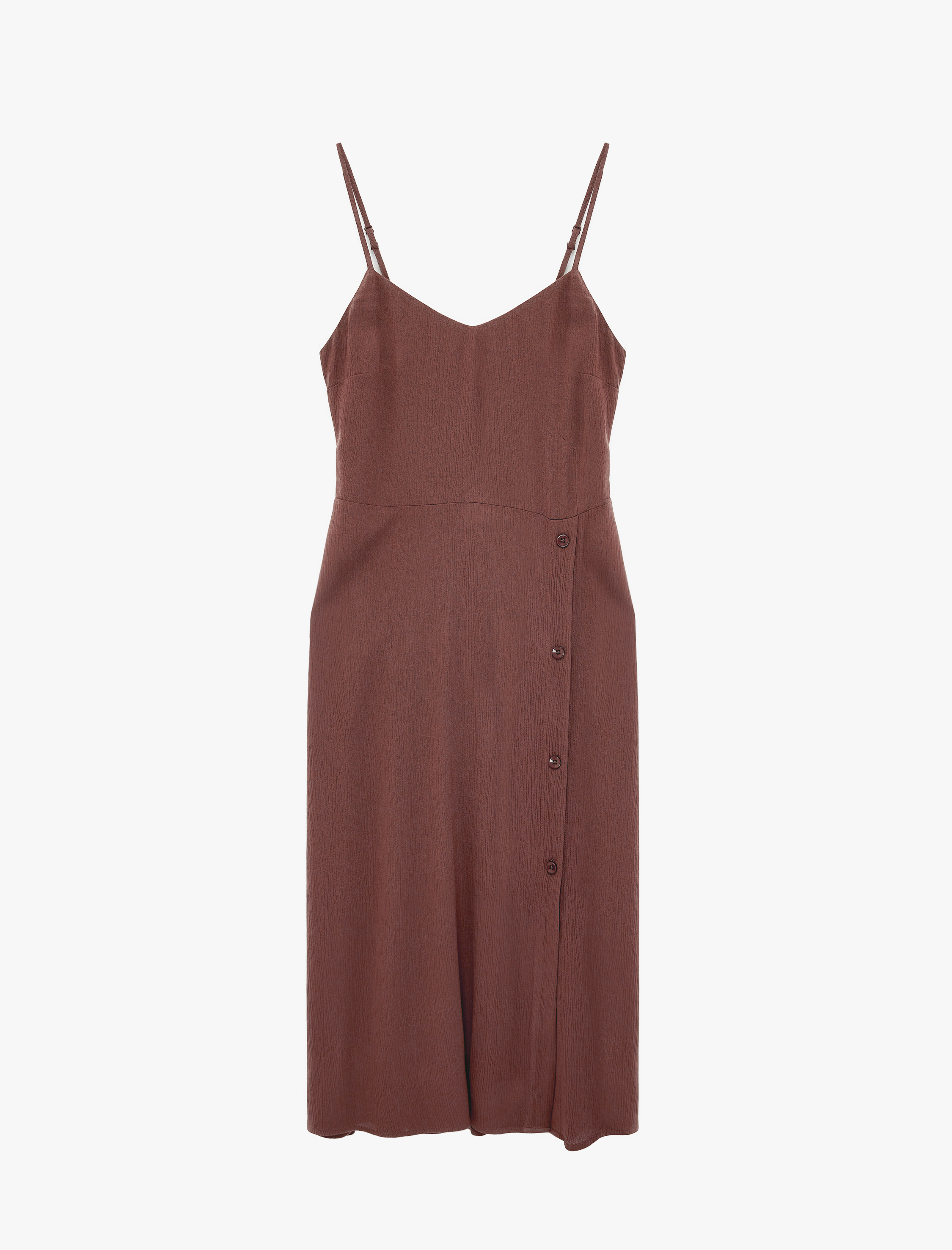   Viskon Crinkle Kumaş İp Askılı Düğme Detaylı V Yaka Kolsuz Midi Elbise