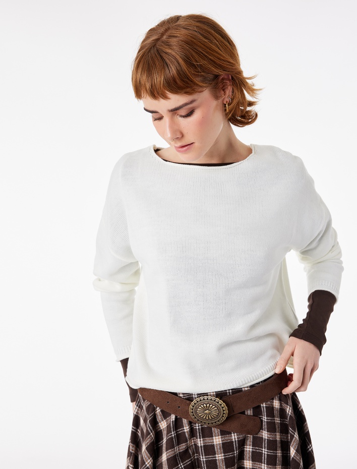  Kayık Yuvarlak Yaka Uzun Kollu Triko Kazak