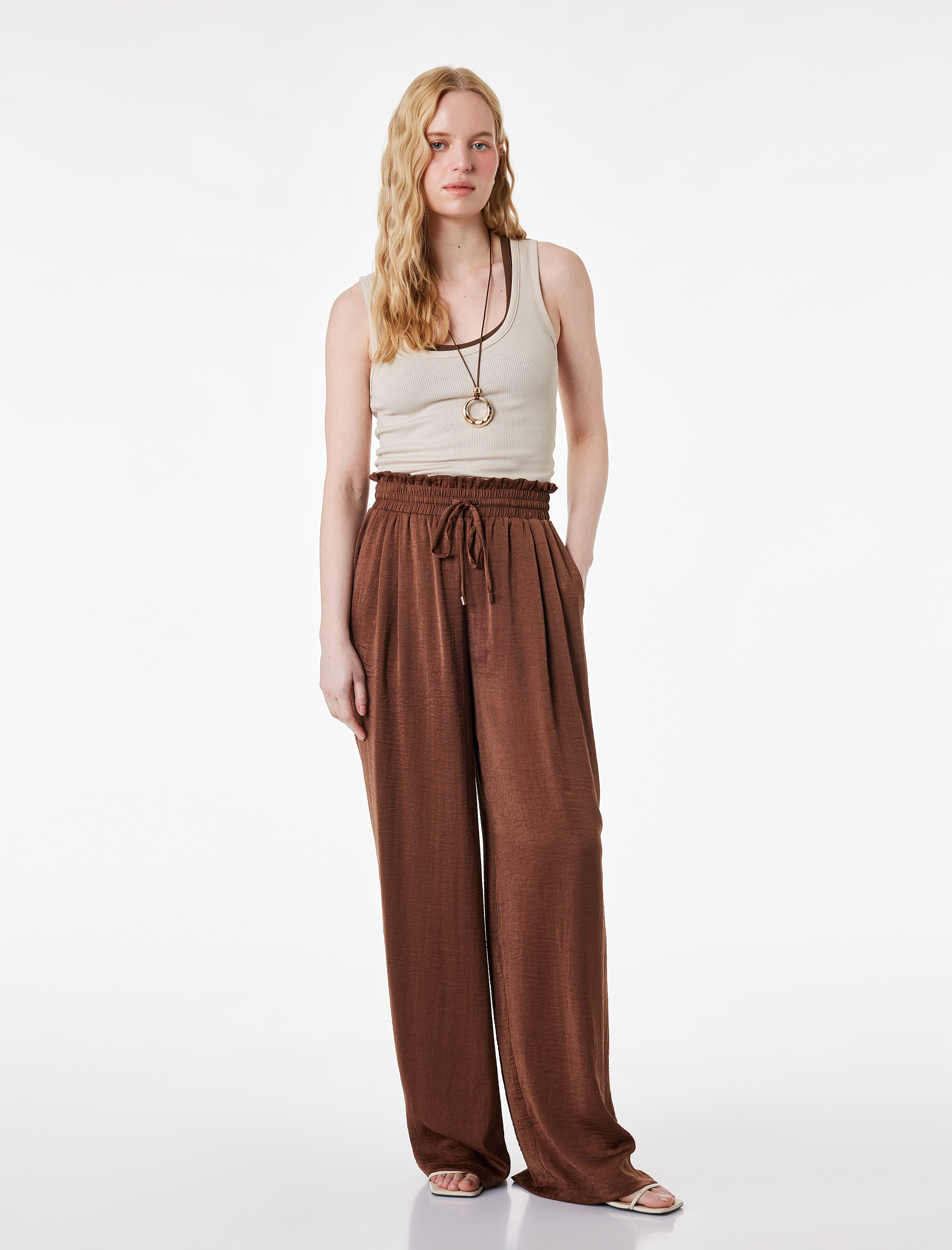   Beli Bağlamalı Lastikli Cepli Aerobin Saten Palazzo Pantolon