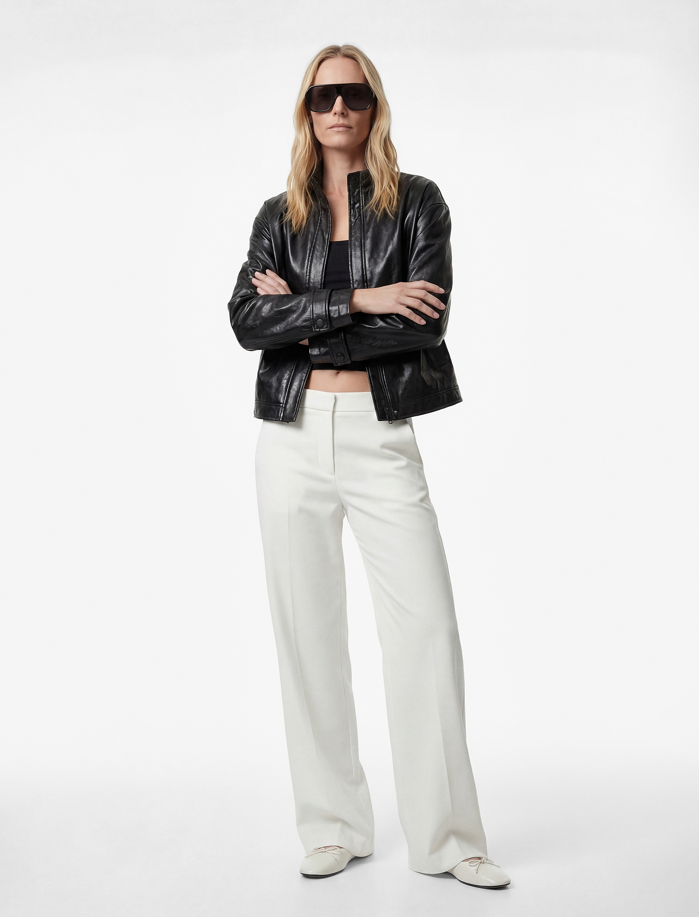   Uzun Kollu Fermuarlı Cepli Dik Yaka Suni Deri Crop Ceket